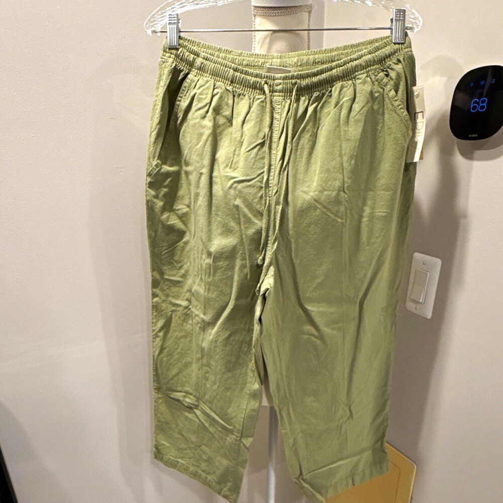ERIKA Green Cotton Canvas Cropped Pants L Drawstring Elastic Waist Pockets